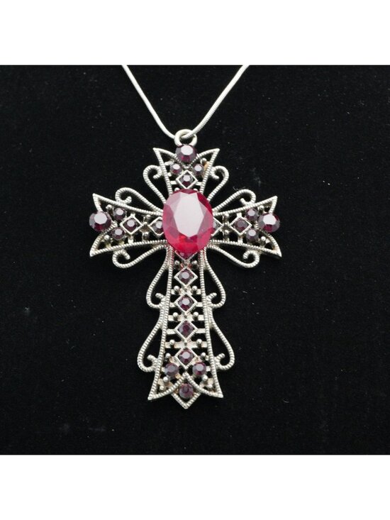 Unbranded Jewelry - Vintage Goth Filigree Cross Necklace Red Rhinestone Silver Tone 18"